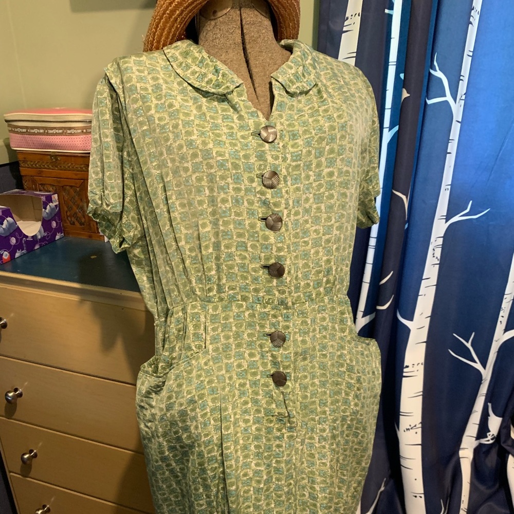 Vintage 1950s blue & green shirt-dress US XL!